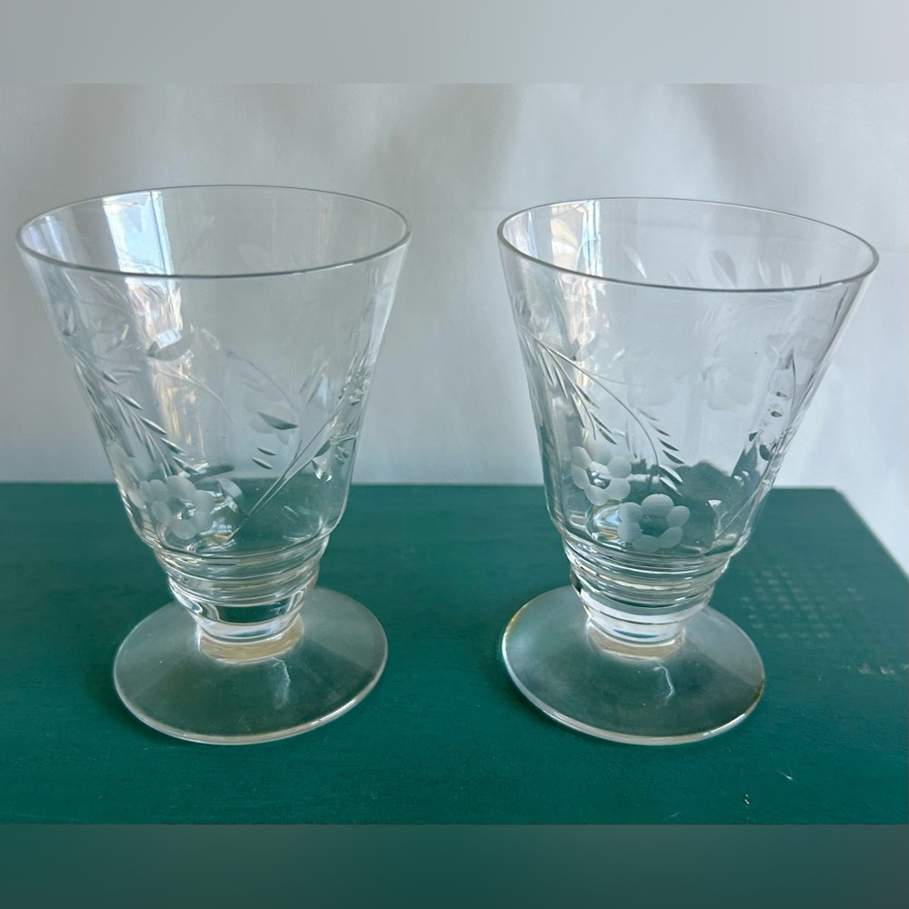 2 Etched crystal, footed cordial glasses. 4 1/8”